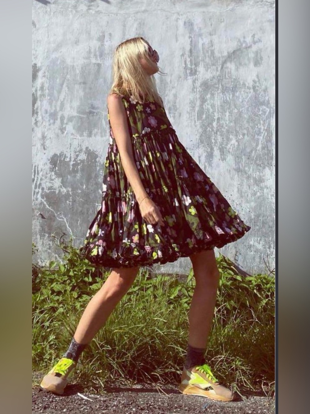 Innika Choo Izzy Werthit Forest Green Floret Ruffle Tiered Ramie Printed Mini Dr